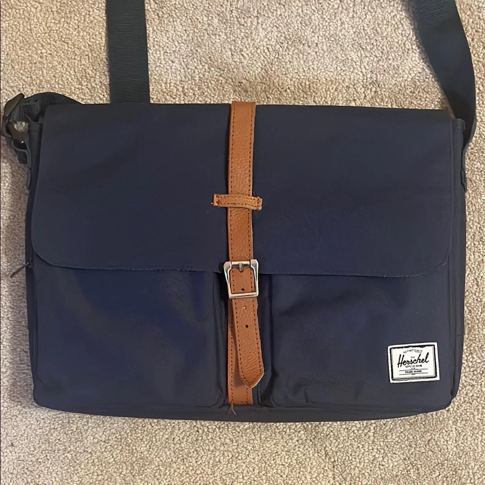 Herschel Supply Company Navy Messenger Bag with Brown Strap